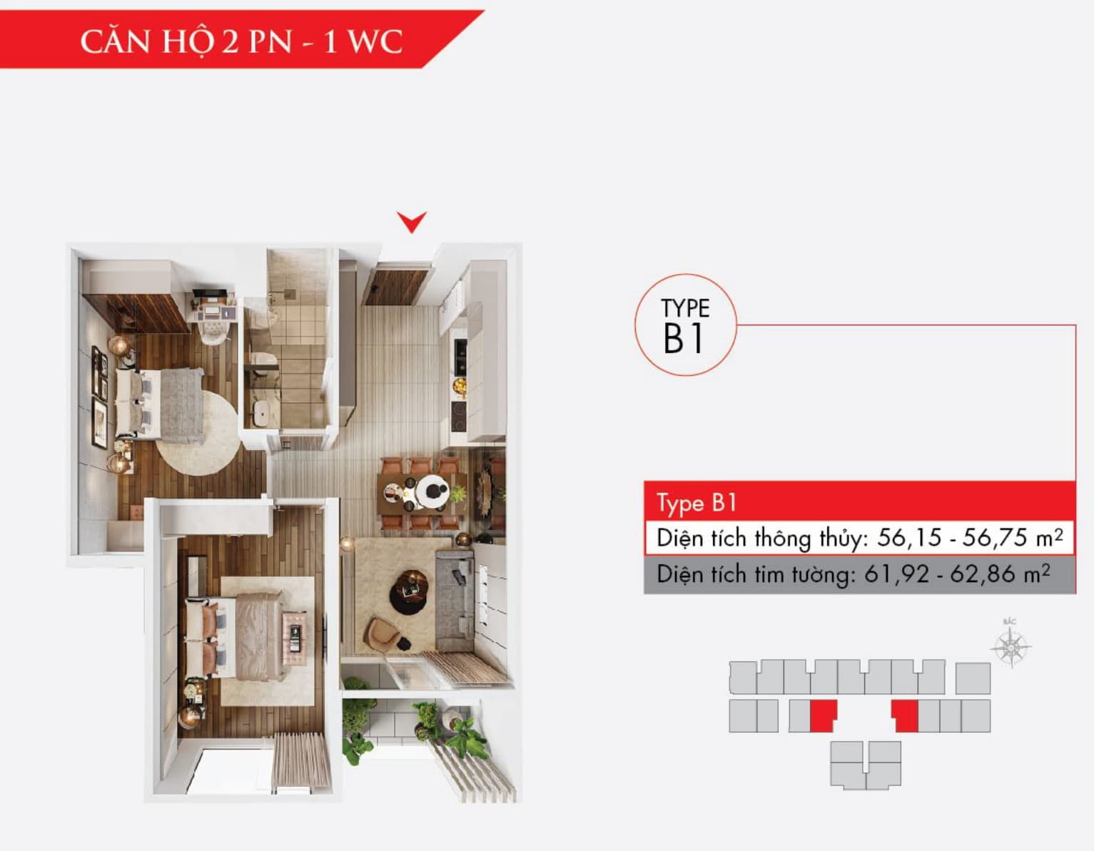 Căn hộ La Pura 2 Phòng Ngủ - 1 Nhà Vệ Sinh