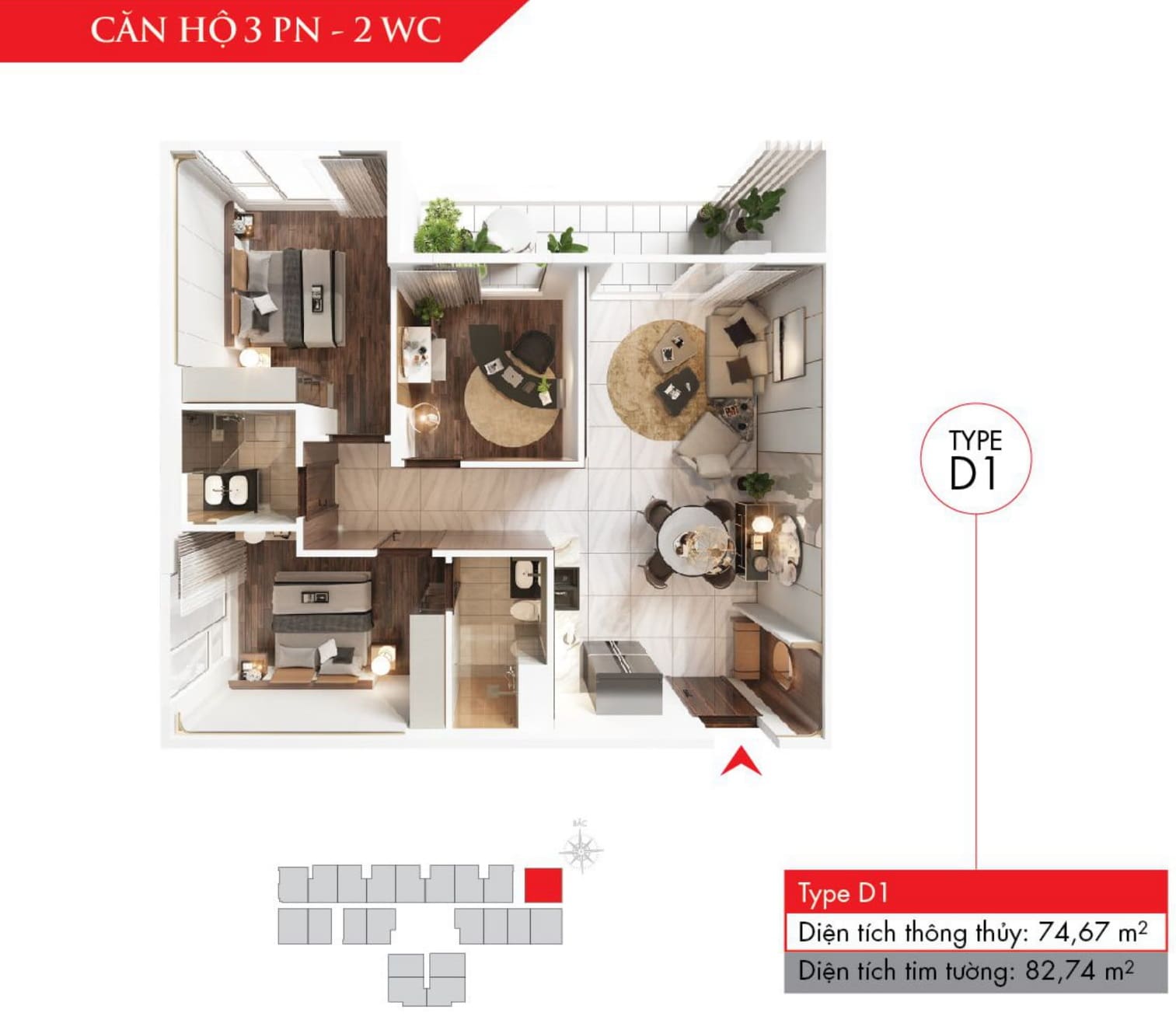 Căn hộ La Pura 3 Phòng Ngủ - 2 Nhà Vệ Sinh