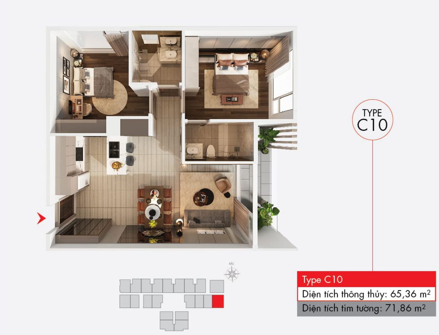 Căn hộ La Pura 2 Phòng Ngủ - 2 Nhà Vệ Sinh